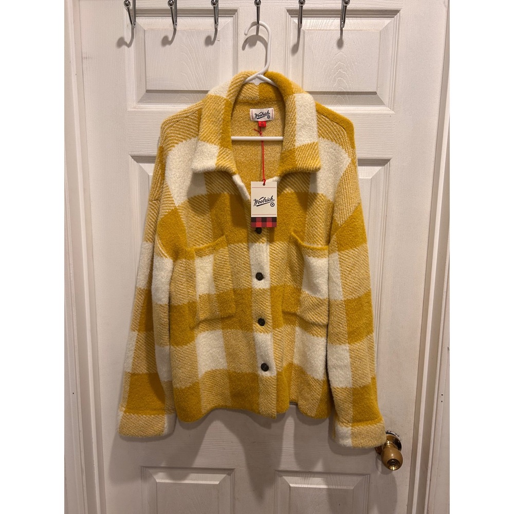Target X Woolrich Womens XL Yellow White Buffalo Plaid Fuzzy Button Shacket NWT